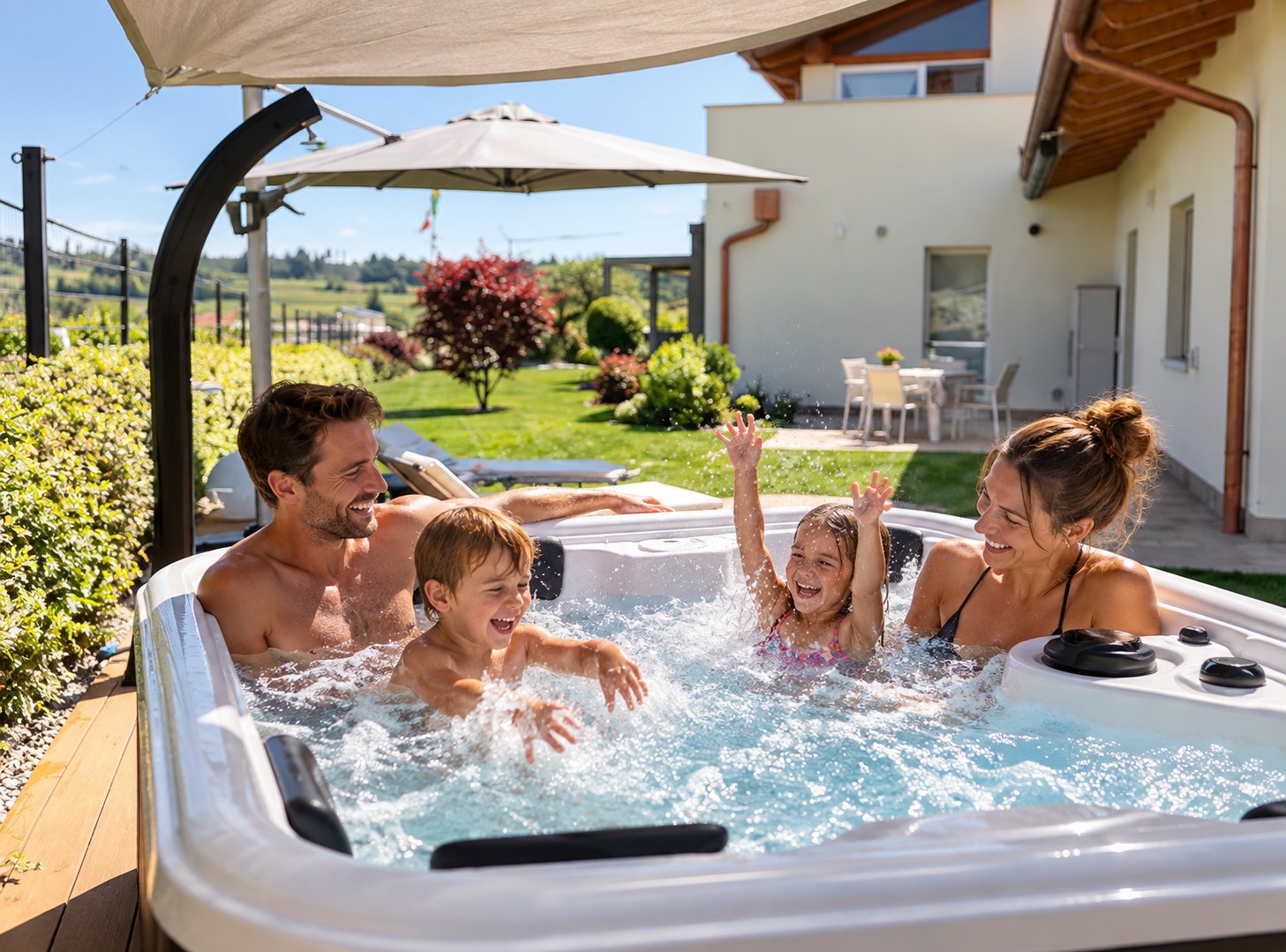 Famiglia nella vasca idromassaggio nel giardino di Nature Home Apartment